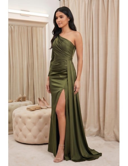 One-Shoulder Satin Slit Maxi Dress for Wedding Guests