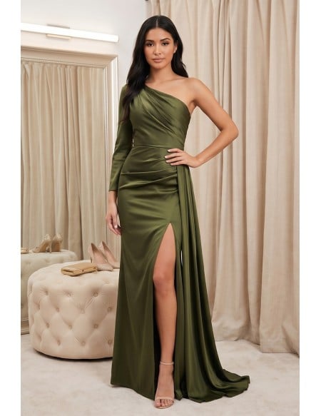 One-Shoulder Satin Slit Maxi Dress for Wedding Guests