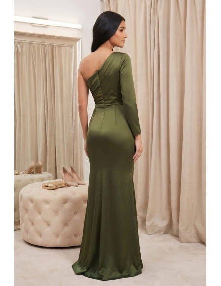 One-Shoulder Satin Slit Maxi Dress for Wedding Guests