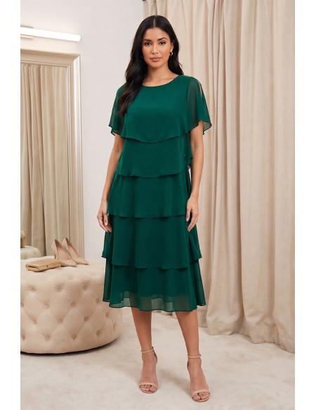 Chiffon Tiered Flowy Midi Dress for Wedding Guests