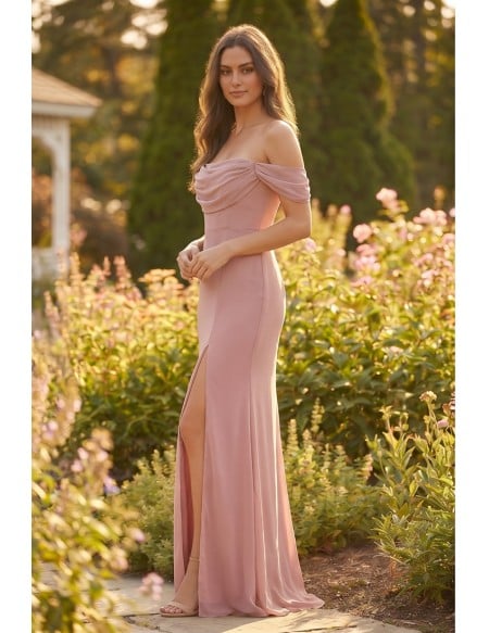 Off-Shoulder Draped Chiffon Maxi Dress for Garden Weddings