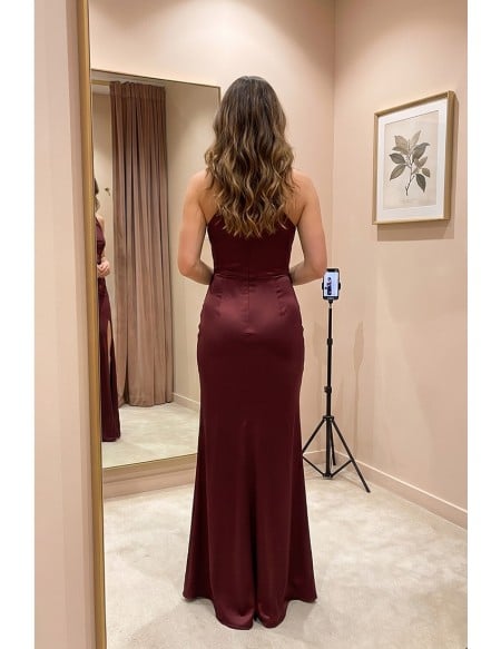 Satin High-Neck Slit Maxi Dress for Wedding Guests