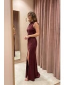 Satin High-Neck Slit Maxi Dress for Wedding Guests