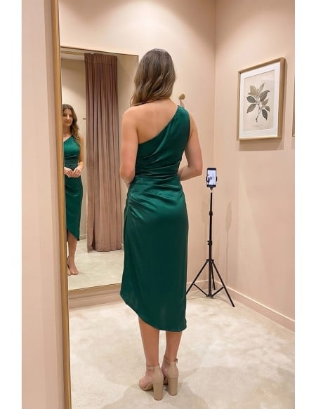 One-Shoulder Satin Draped Midi Dress for Wedding Guests