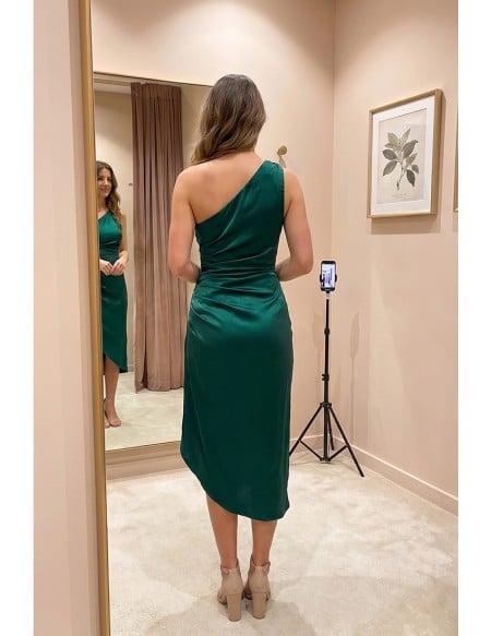 One-Shoulder Satin Draped Midi Dress for Wedding Guests