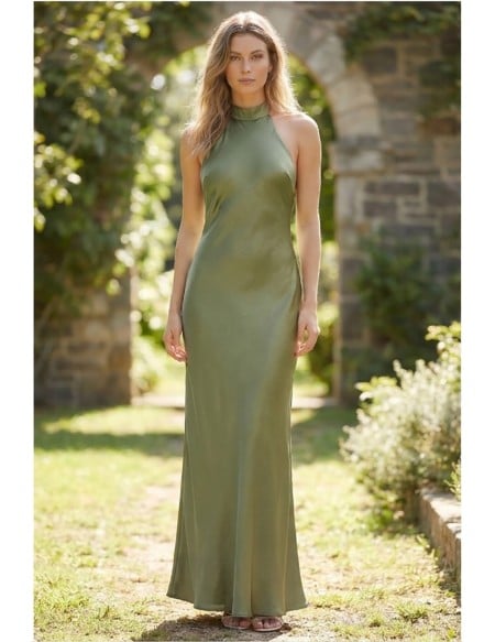Satin Halter Open-Back Slip Dress for Garden Weddings