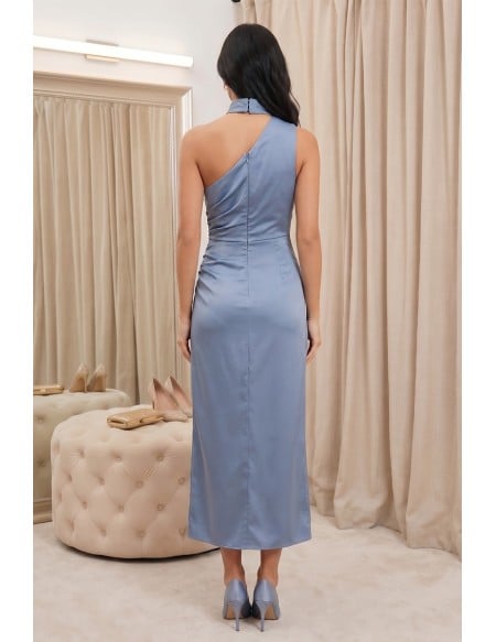 Satin One-Shoulder Ruched Midi Dress for Wedding Guests