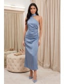 Satin One-Shoulder Ruched Midi Dress for Wedding Guests