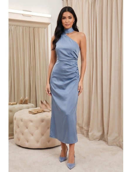 Satin One-Shoulder Ruched Midi Dress for Wedding Guests