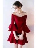 Gorgeous Burgundy Off Shoulder Homecoming Dress Short with Bell Sleeves