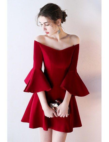 Gorgeous Burgundy Off Shoulder Homecoming Dress Short with Bell Sleeves