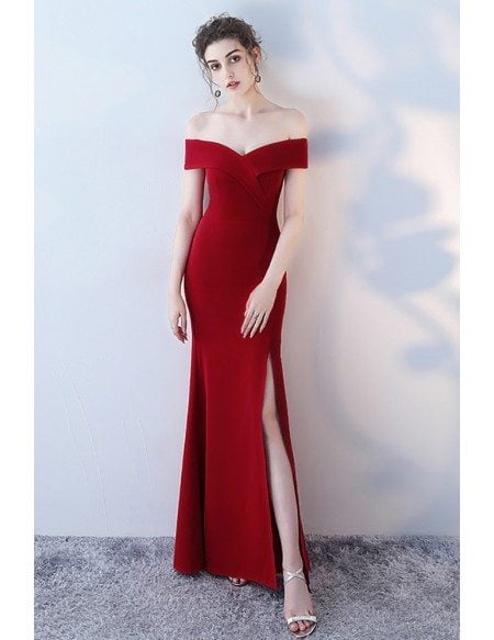 Burgundy Side Slit Mermaid Formal Dress Off Shoulder