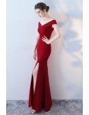 Burgundy Side Slit Mermaid Formal Dress Off Shoulder
