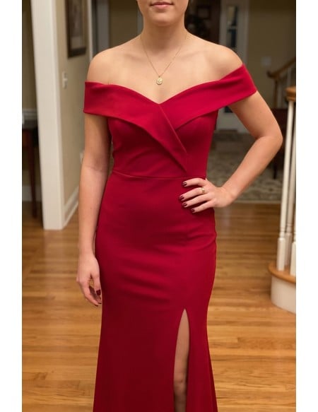 Burgundy Side Slit Mermaid Formal Dress Off Shoulder