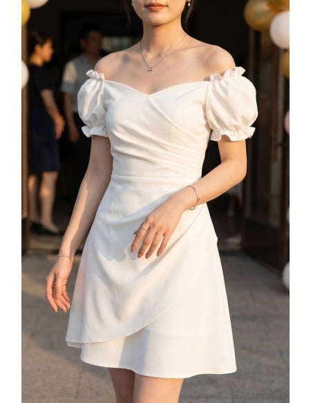 Off Shoulder Puff Sleeve Short Homecoming Dress Cute White Hoco Dress for Dance HTX96042-C