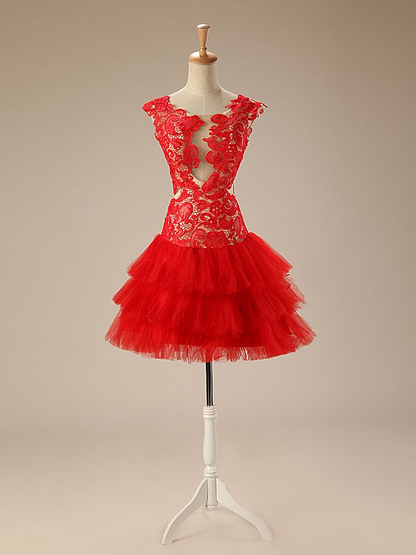 A Line Lace Scoop Appliques Tulle Prom Dress LBQ0444 main image 1