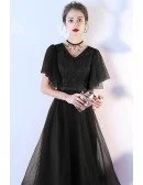 Retro Black Tulle Tea Length Party Dress Puffy Sleeves