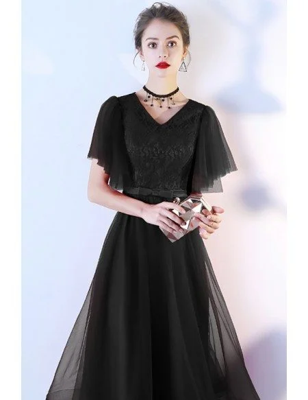 Retro Black Tulle Tea Length Party Dress Puffy Sleeves