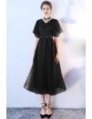 Retro Black Tulle Tea Length Party Dress Puffy Sleeves