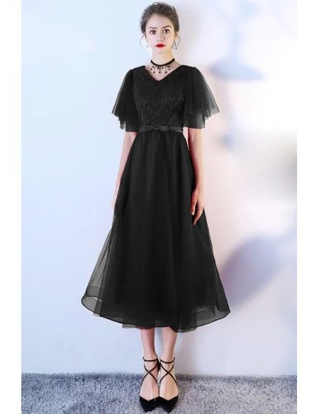 Retro Black Tulle Tea Length Party Dress Puffy Sleeves