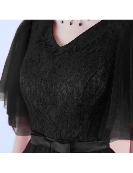 Retro Black Tulle Tea Length Party Dress Puffy Sleeves