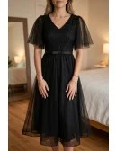 Retro Black Tulle Tea Length Party Dress Puffy Sleeves