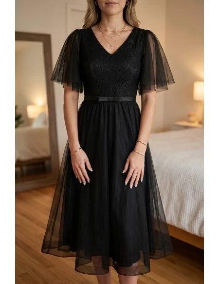 Retro Black Tulle Tea Length Party Dress Puffy Sleeves