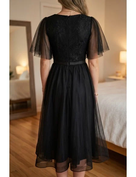 Retro Black Tulle Tea Length Party Dress Puffy Sleeves