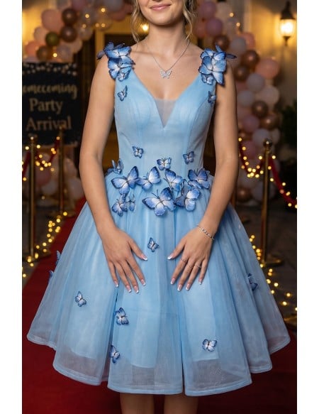 Sky Blue Short Ballgown Mesh Tulle Prom Hoco Dress with 3d Butterflies