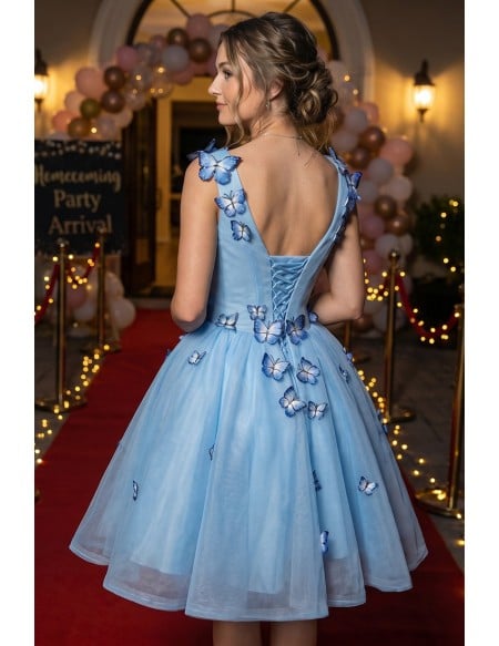 Sky Blue Short Ballgown Mesh Tulle Prom Hoco Dress with 3d Butterflies