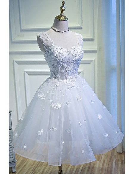 Short White Ballgown Tulle Homecoming Dress with Leafs Decoration
