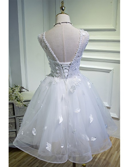 Short White Ballgown Tulle Homecoming Dress with Leafs Decoration