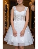 Short White Ballgown Tulle Homecoming Dress with Leafs Decoration