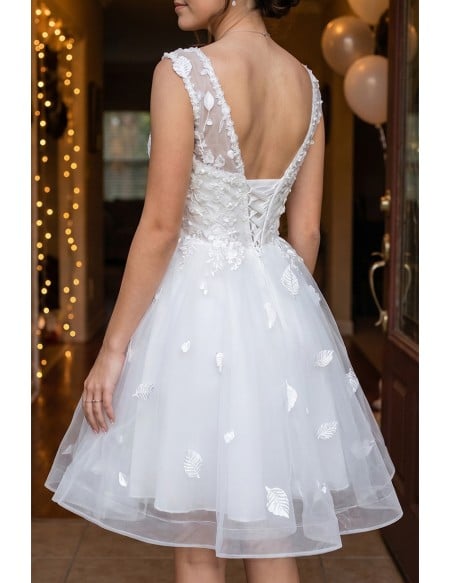 Short White Ballgown Tulle Homecoming Dress with Leafs Decoration