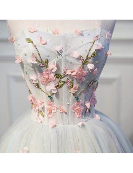 Light Grey Blue Beautiful Florals Short Prom Homecoming Dress Strapless