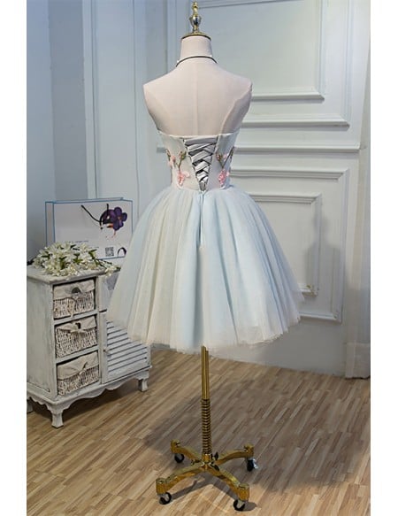 Light Grey Blue Beautiful Florals Short Prom Homecoming Dress Strapless