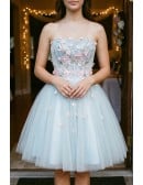 Light Grey Blue Beautiful Florals Short Prom Homecoming Dress Strapless