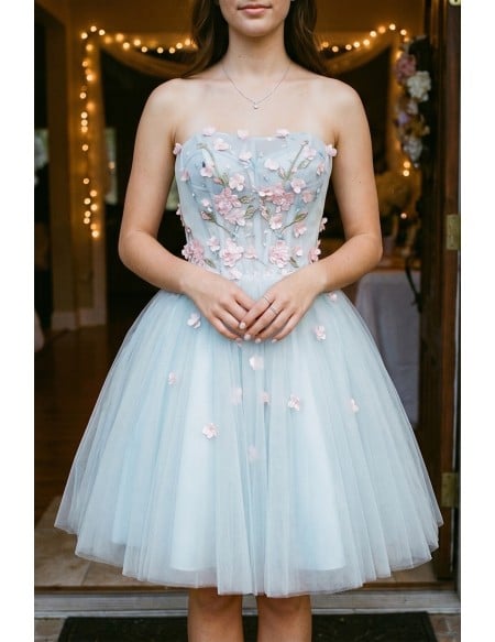 Light Grey Blue Beautiful Florals Short Prom Homecoming Dress Strapless