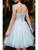 Light Grey Blue Beautiful Florals Short Prom Homecoming Dress Strapless