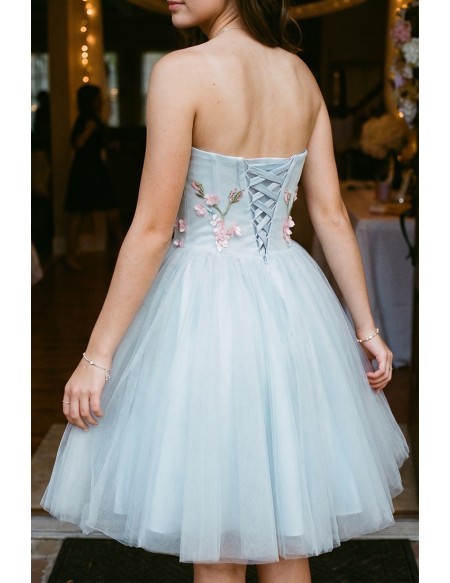 Light Grey Blue Beautiful Florals Short Prom Homecoming Dress Strapless