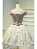 Champagne Lace Puffy Tulle Short Ballgown Prom Homecoming Dress Off Shoulder