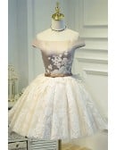 Champagne Lace Puffy Tulle Short Ballgown Prom Homecoming Dress Off Shoulder