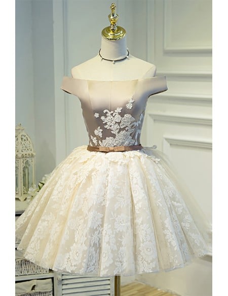 Champagne Lace Puffy Tulle Short Ballgown Prom Homecoming Dress Off Shoulder