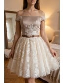 Champagne Lace Puffy Tulle Short Ballgown Prom Homecoming Dress Off Shoulder