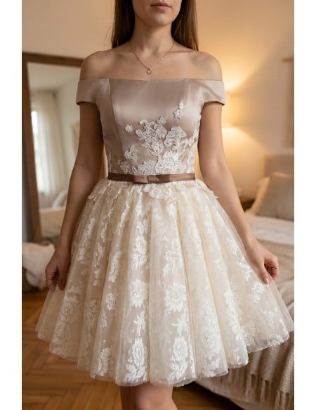 Champagne Lace Puffy Tulle Short Ballgown Prom Homecoming Dress Off Shoulder