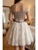 Champagne Lace Puffy Tulle Short Ballgown Prom Homecoming Dress Off Shoulder