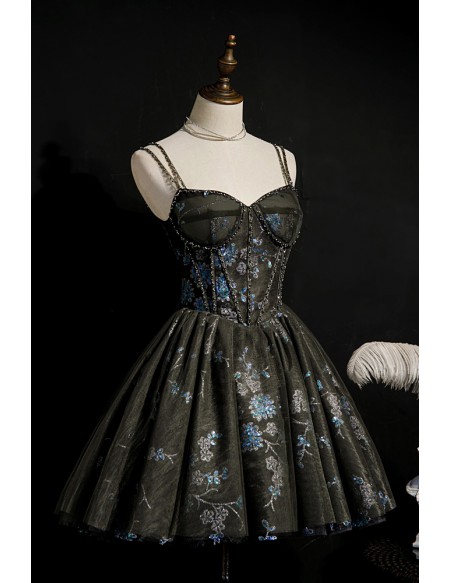 Gothic Dark Grey with Bling Sequins Short Tulle Homecoming Prom Dress with Corset Top