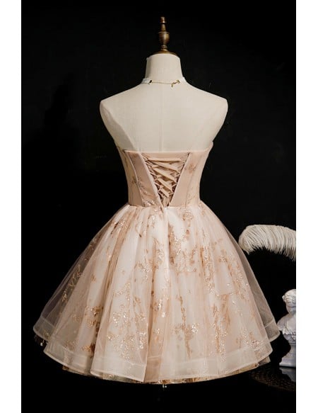 Bling Champagne Sequins Short Puffy Ballgown Prom Hoco Dress