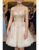 Bling Champagne Sequins Short Puffy Ballgown Prom Hoco Dress