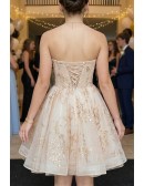 Bling Champagne Sequins Short Puffy Ballgown Prom Hoco Dress